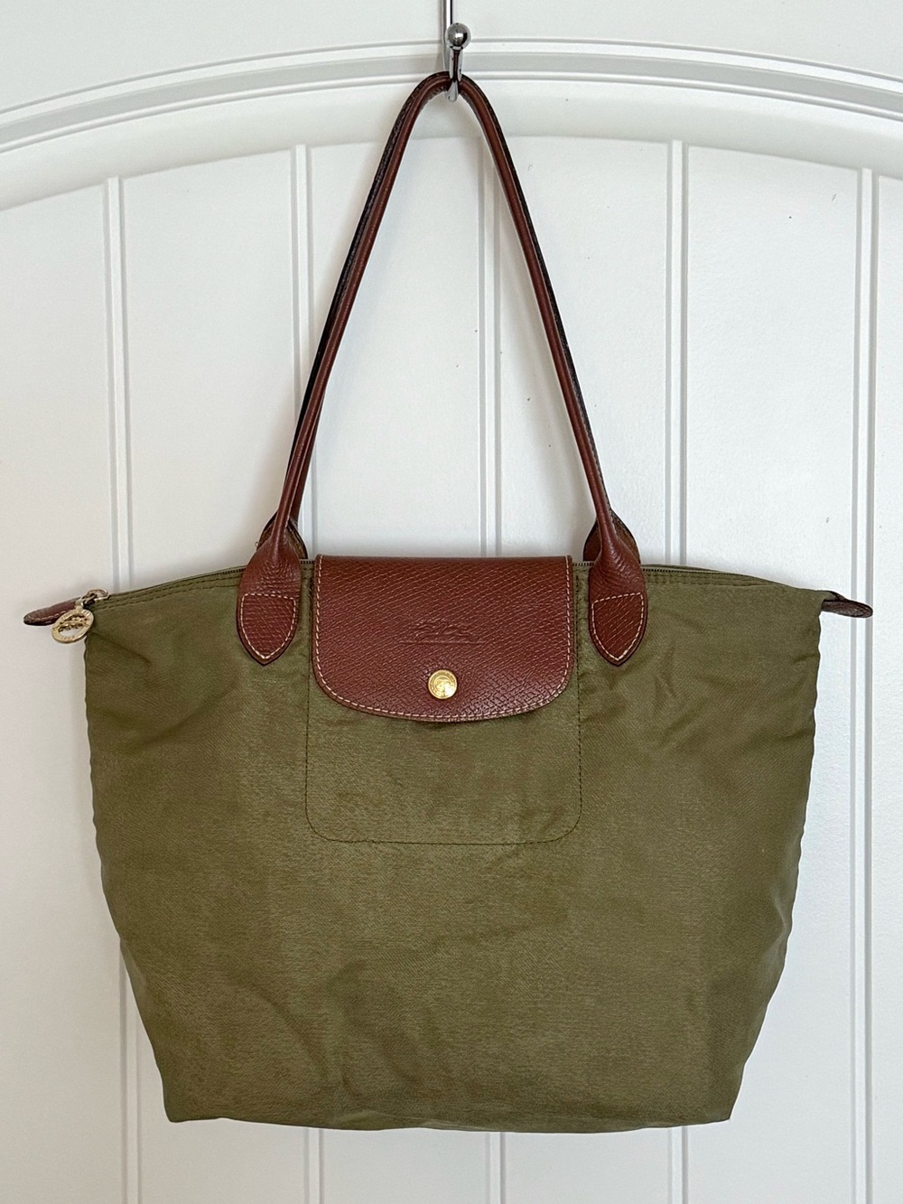 Longchamp Le Pliage Medium Shoulder Shopping Tote Bag Olive Green